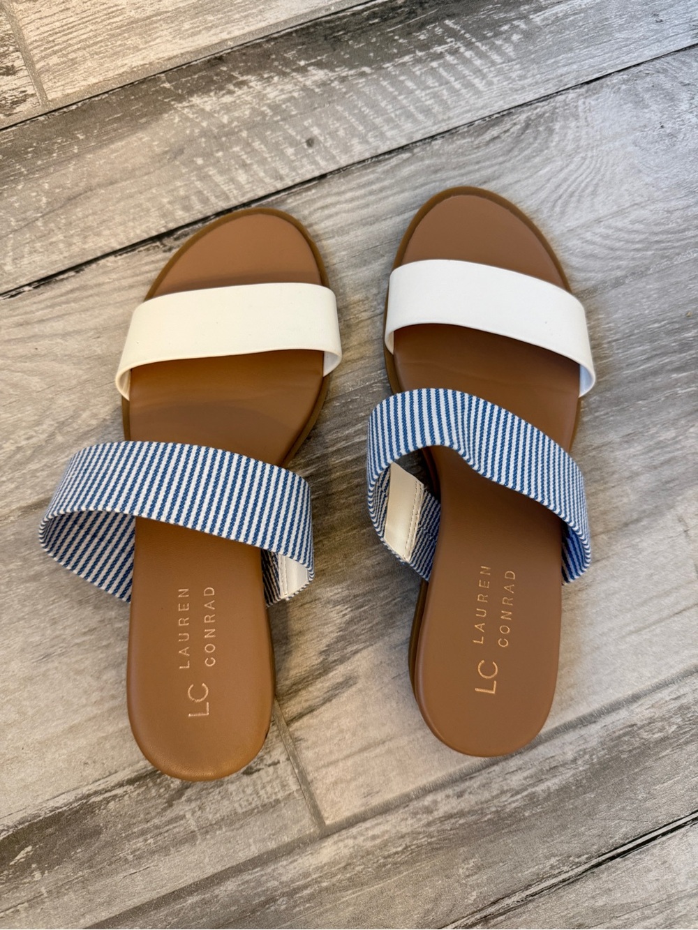 LC Lauren Conrad White & Blue Striped Double-Band Slide Sandals